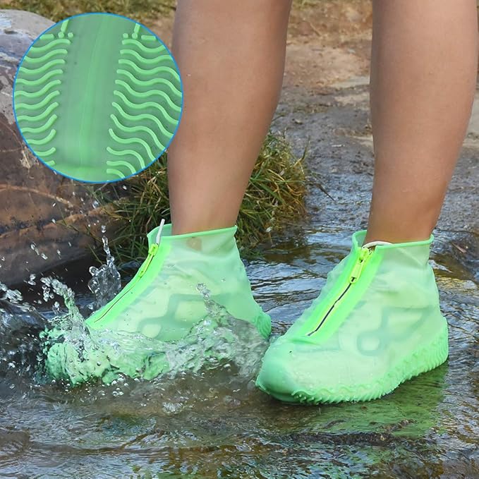 Waterproof Shoe Covers, Silicone Reusable Shoe Cover Non-slip Durable Zipper Elastic Rain Cover Protection for Men Women (M (Women 5-7, Men 5-6), Green)
