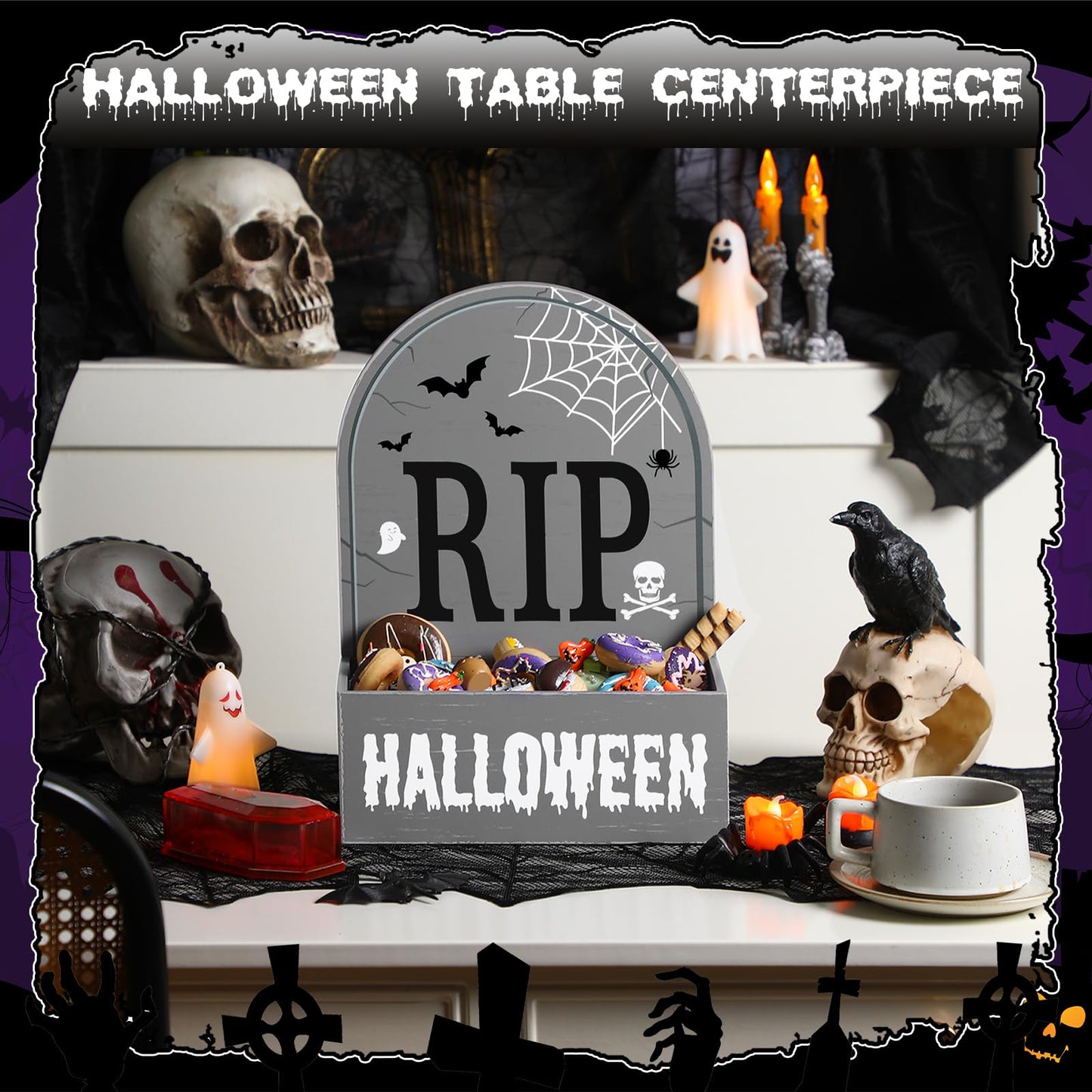 Sintuff Halloween Candy Bowl Wooden Funny Candy Dish Trick or Treat Large Halloween Serving Dish Holders Wood Serving Bowl Tableware for Table Desk Haunted House Decoration (Gravestone Rip)