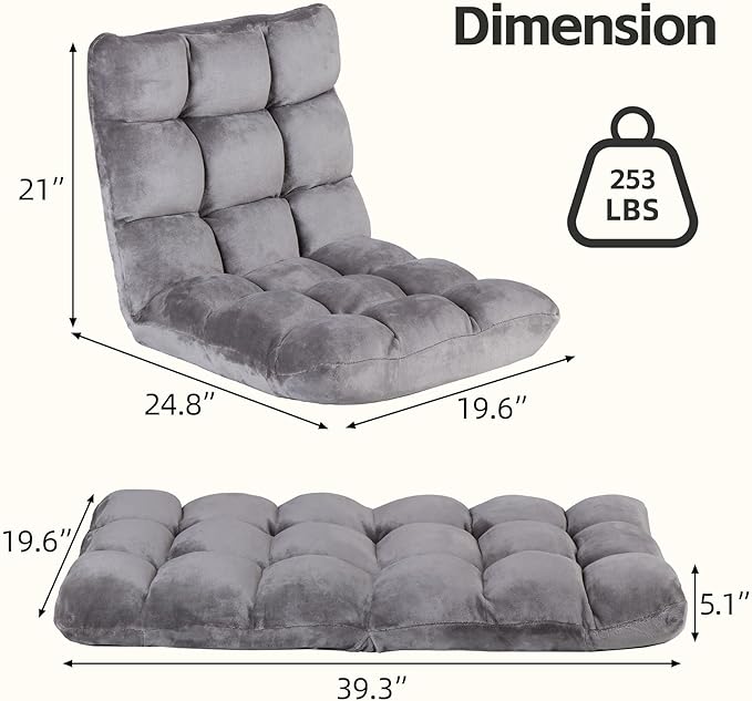 Nouva Adjustable Floor Chair 14-Position Sofa Bed Foldable Cushion Video Gaming Chairs Bean Bag Chair Reading Seating for Adults Kids Teens for Bedroom Living Room Indoor Use,Grey