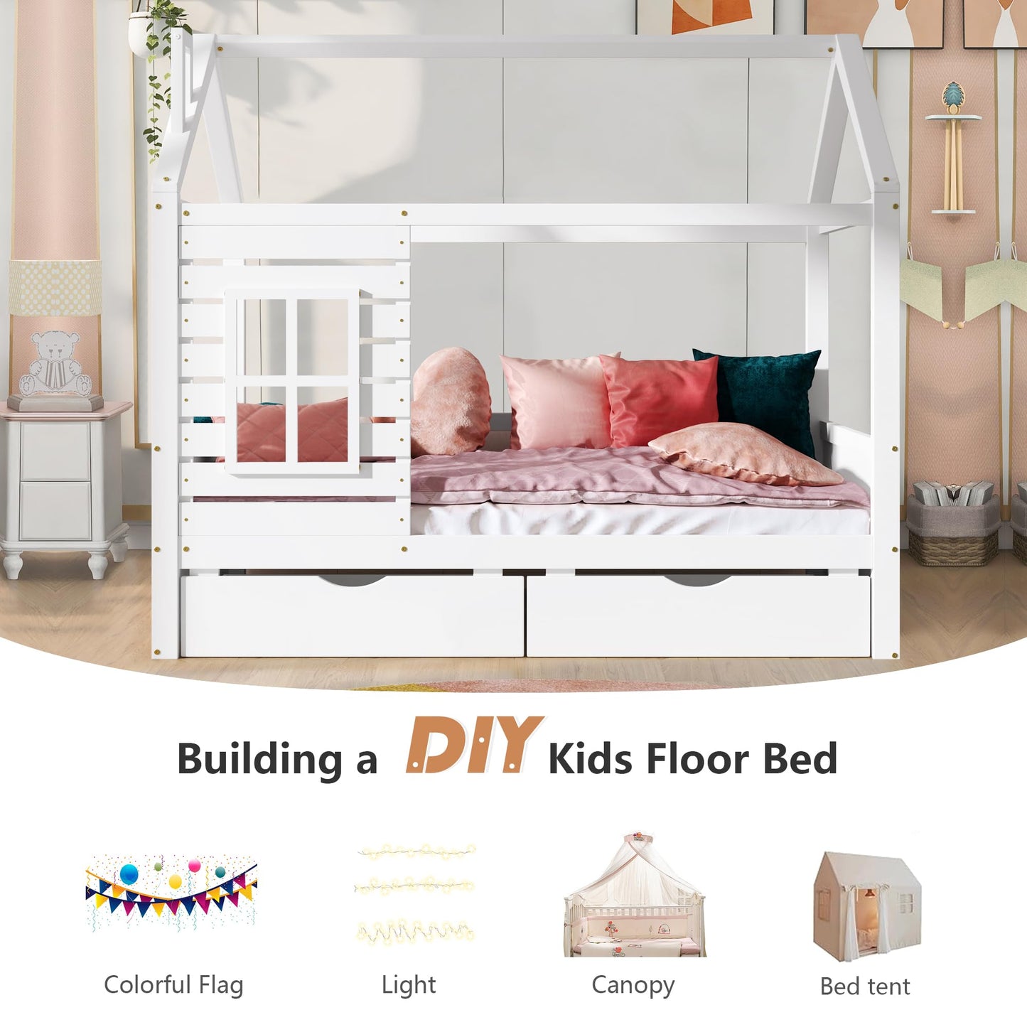 HUMEHA Twin Size Kids House Bed with 2 Storage Drawers, Twin House Bed Frame with Roof and Window, Twin Bed Frames for Kids with Slats, Modern Wooden Montessori Bed for Bedroom, White