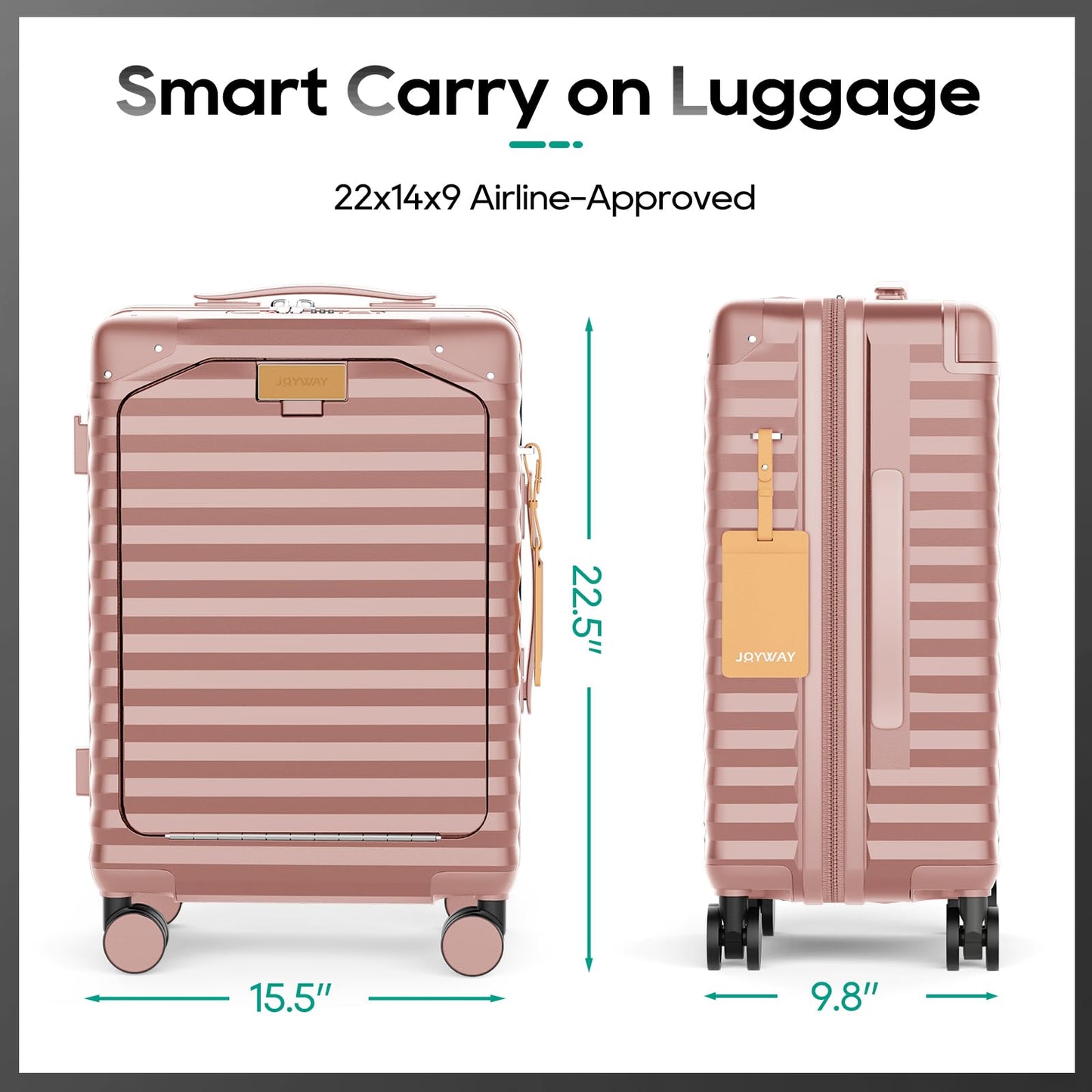 Joyway 20 Inch Carry on Luggage with Front Pocket, PC Hardshell Carry-on Suitcase with USB Port and Cup Holder, 21.5x14.2x9 Airline Approved, Luggage with Spinner Wheels and TSA Lock (Rosa Gold)