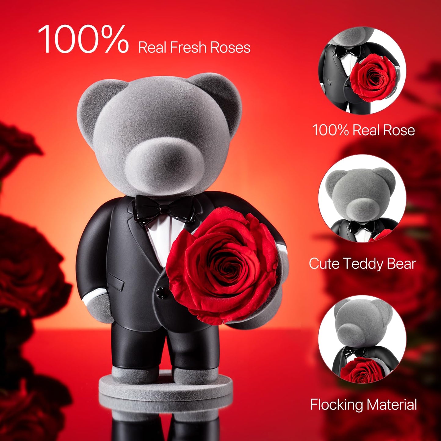 JoyFlower Preserved Flowers with Cute Teddy Bear in Suit, Unique Gentleman Bear Eternal Real Red Rose Romantic Gift with Elegant Gift Box for Girlfriend Wife Her in Valentines Birthday Anniversary