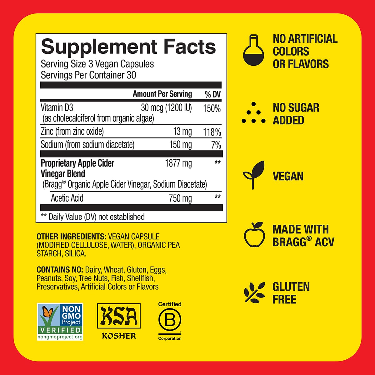 Bragg Apple Cider Vinegar Capsules with Vitamin D and Zinc - 90 Capsules - Supports The Immune System