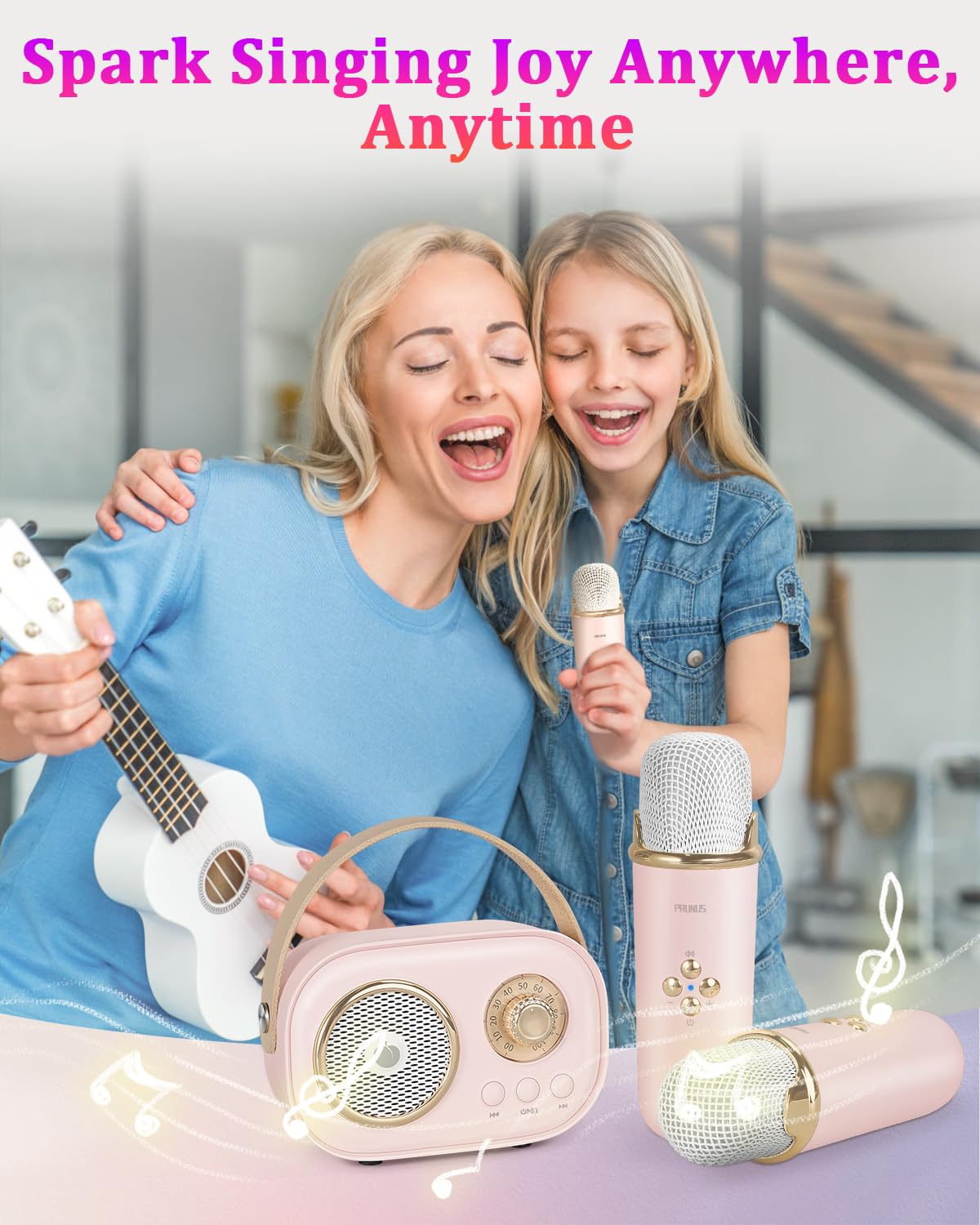 PRUNUS C20 Mini Karaoke Machine Portable Bluetooth Speaker with Wireless Microphone 6 Sound Modes for Adults&Kids Birthday Home Farmily Friends Party Gifts for Girls Boys Friends-Pink