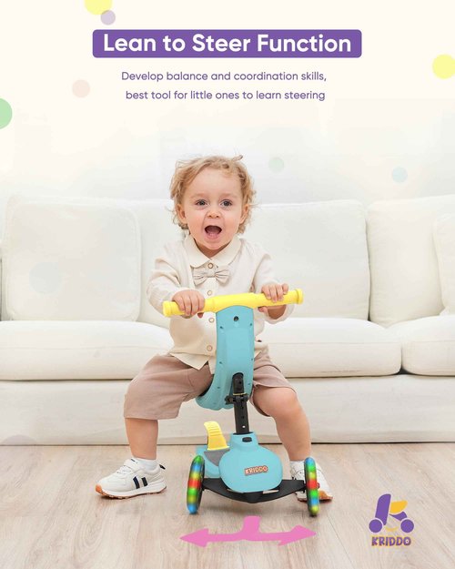KRIDDO 5-in-1 Kids Kick Scooter, Lean-to-Steer, Toddler Toy Scooter with Adjustable Height, 3 Lighted Wheels, Ideal for Indoor & Outdoor, Gift for Kids Ages 1-5 Years, Blue