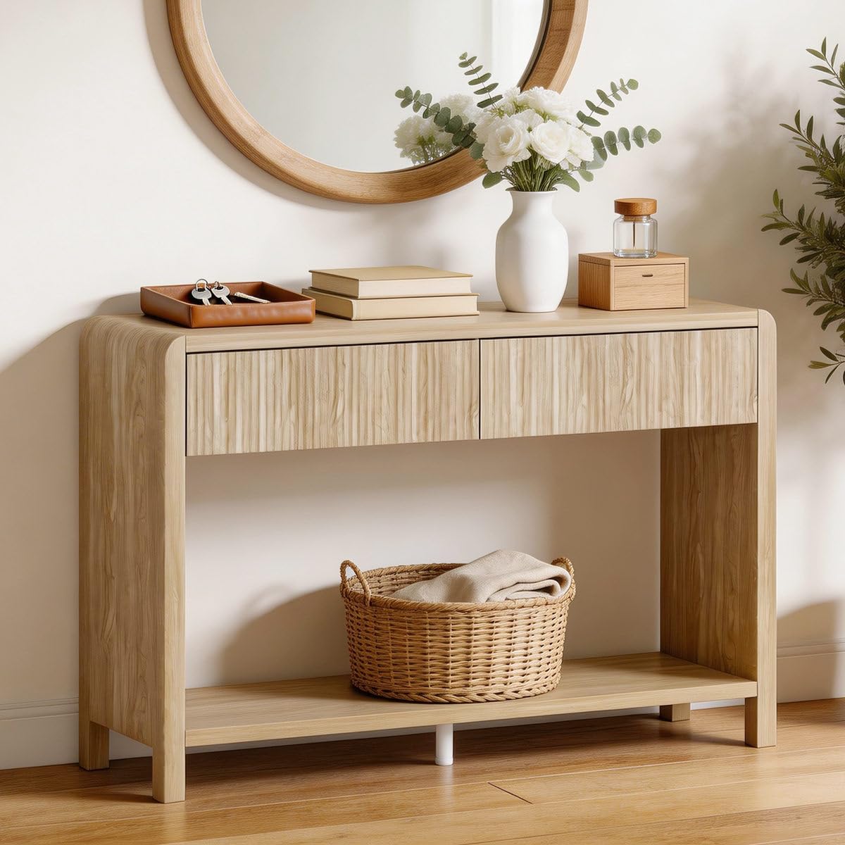 FATORRI Console Table for Entryway Storage, Wood Sofa Tables for Living Room, Couch Table with 2 Drawers for Hallway (47.2 inch, Light Walnut)