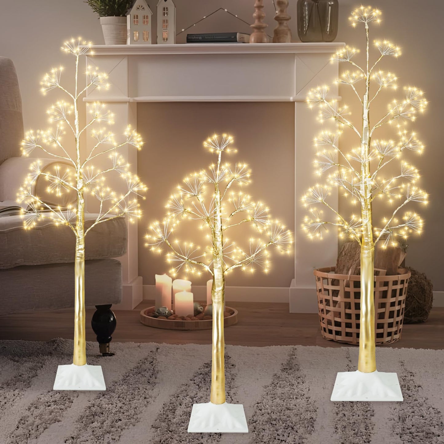 TORONTOKYO Set of 3 Lighted Birch Tree, 3 feet 4 feet and 5 Feet Warm White LED Artificial Tree, Light Up Christmas Twig Trees for Thanksgiving Christmas Party Indoor Outdoor Decoration