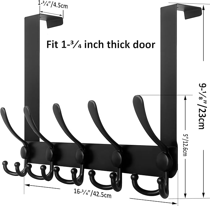 WEBI Over The Door Hooks,Door Hanger,Over The Door Towel Rack with 5 Triple Hooks for Hanging,Over Door Coat Rack Towel Hanger for Towels,Clothes,Bathroom,Black,2 Packs