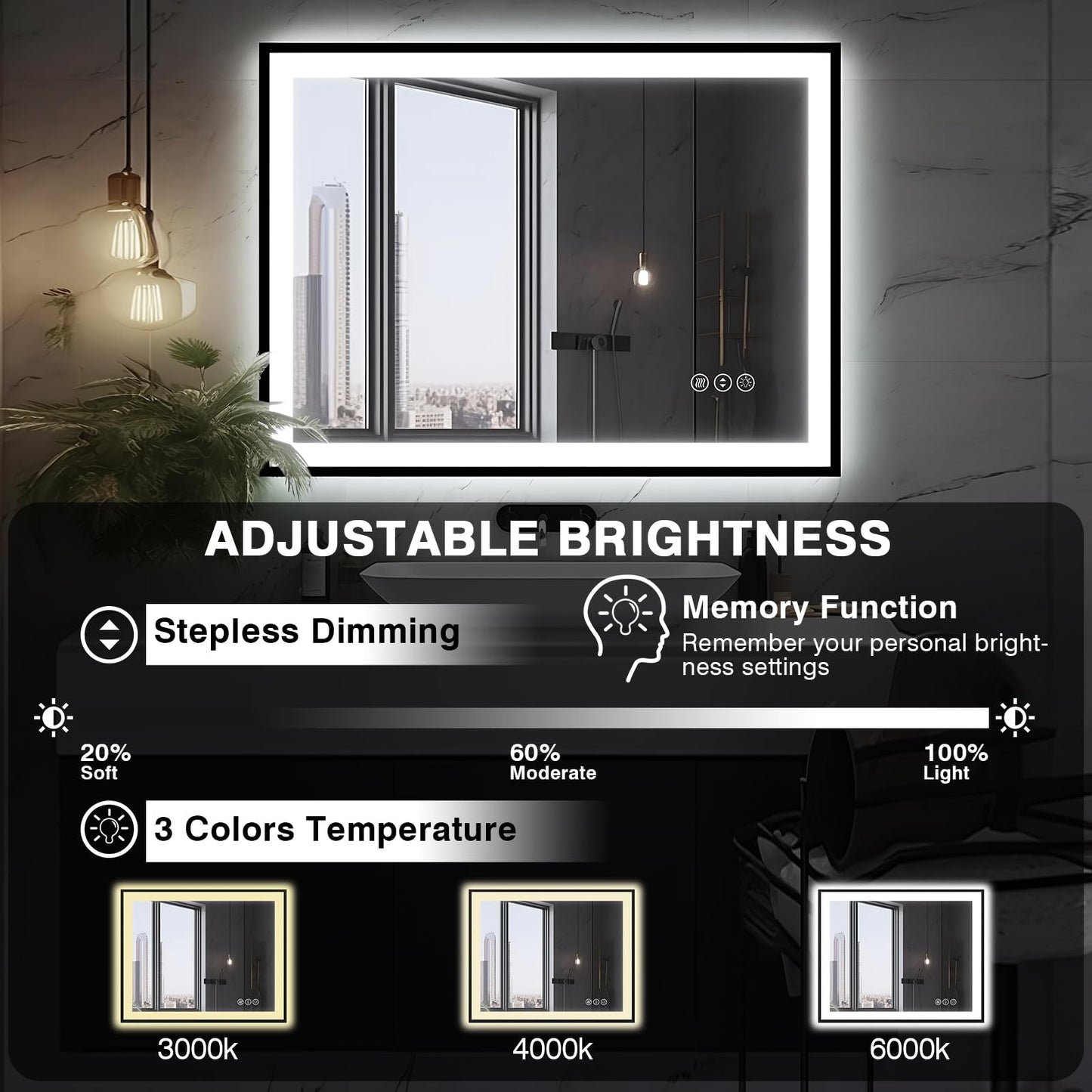 EchosLife 40x24 LED Bathroom Mirror - Black Aluminum Framed, Front and Backlit, Anti-Fog, Stepless Dimmable Lighted, 3 Colors Smart Vanity Mirror (Horizontal/Vertical)