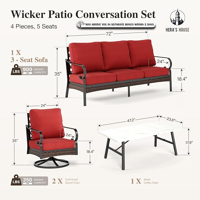 HERA'S HOUSE 4 Piece Metal Patio Furniture Set, All Weather Outdoor Conversation Set with 3 Seat Sofa, 2 Swivel Chairs & Coffee Table, Seats 5 for Backyard, Garden, Deck, Red