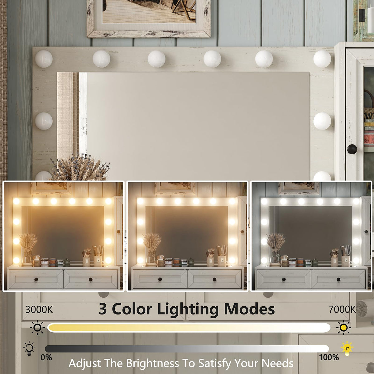 Diwnnue Large Farmhouse Mirror Vanity Desk with LED Bulbs White Makeup Table Set Glass Tabletop for Bedroom Charging Station & Power Outlet Adjustable Light Mode