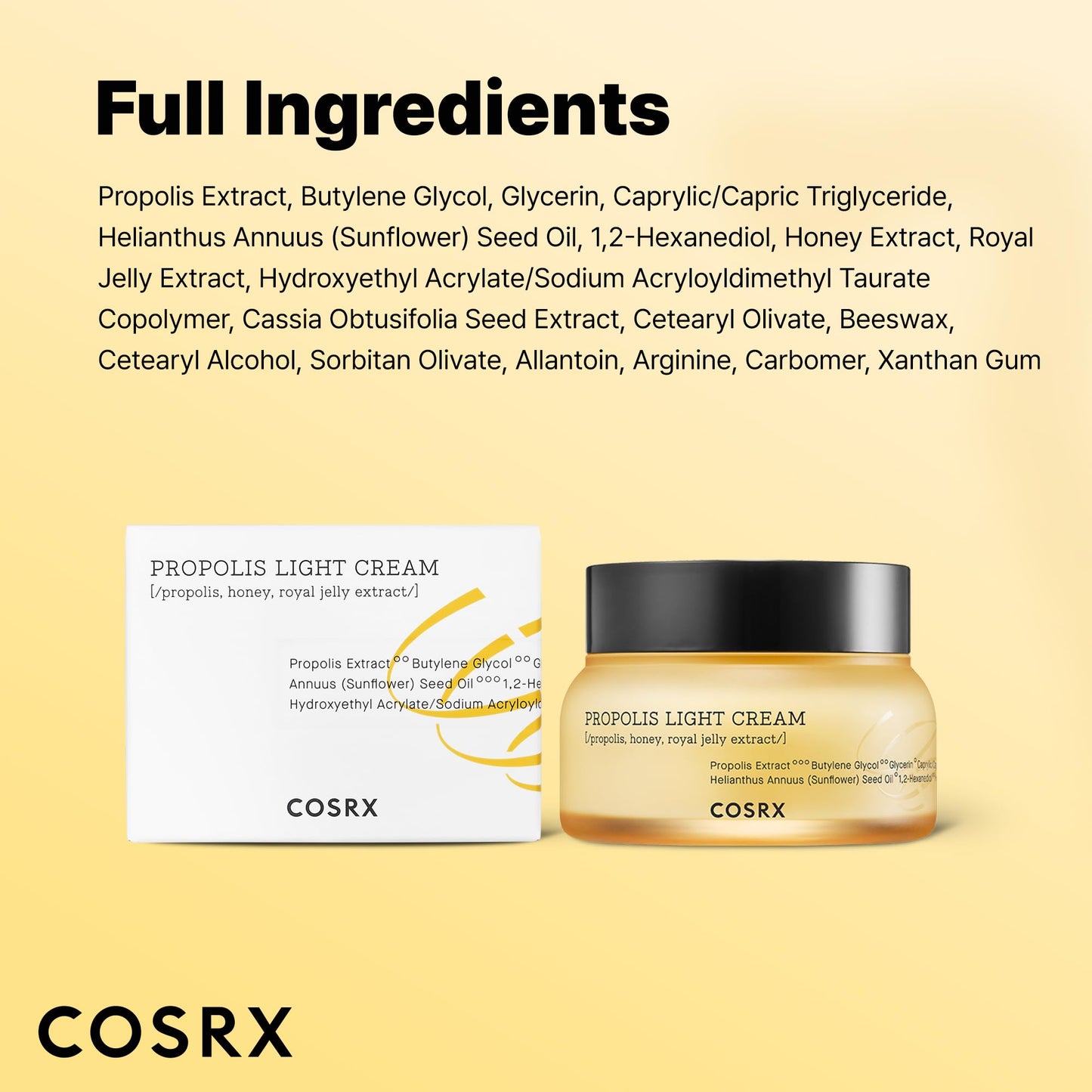 COSRX Full Fit Propolis Light Cream, 2.19 Fl.oz / 65ml, Propolis 64.5%, Hydrating Daily Day and Night Moisturiser, Korean Skin Care, Stocking Stuffers, Holiday Gifts, Gifts For Women
