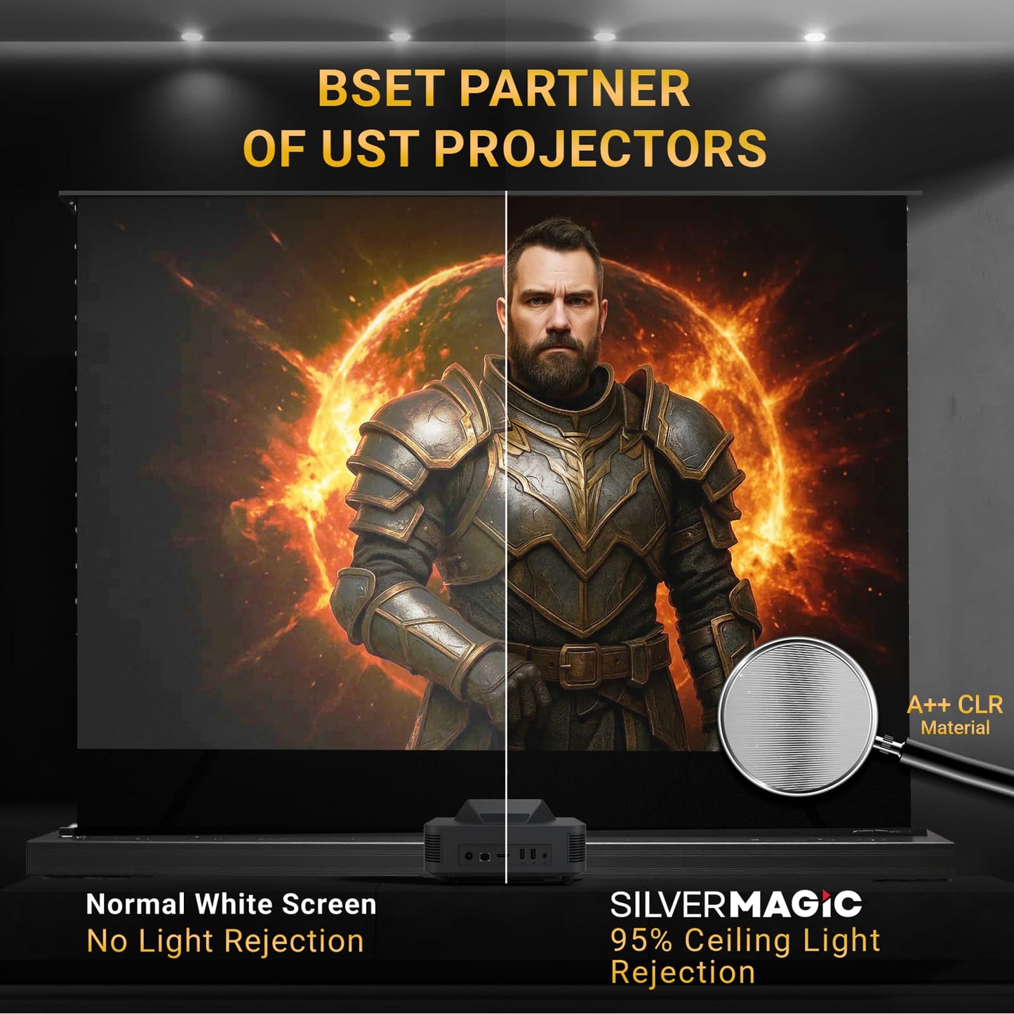 SilverMagic ALR/CLR Motorized Floor Rising Projector Screen for UST Projectors 120”, 95% Ambient Light Rejecting, 4K/8K Ultra HD, Active 3D, for Home Theater Living Room Bedroom Office