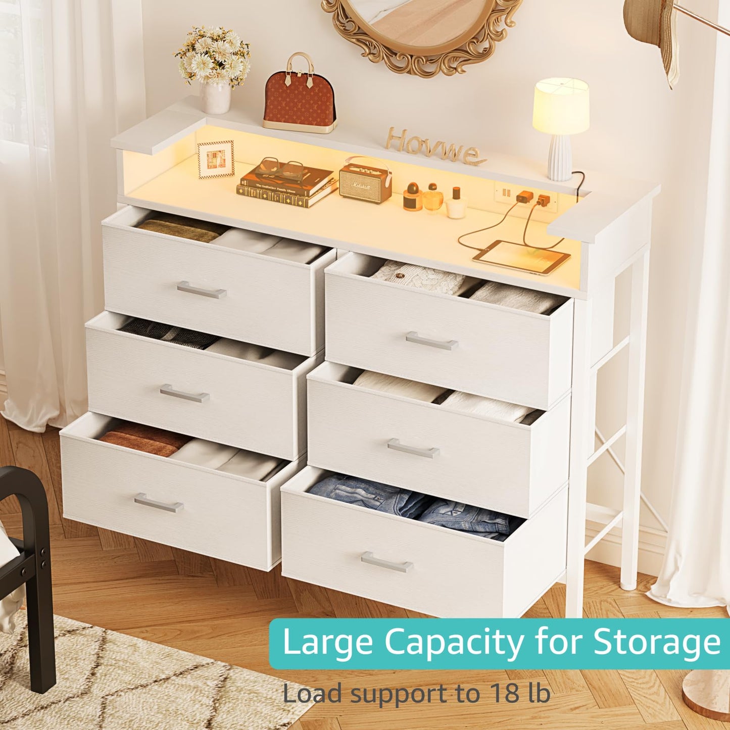 BOLUO White Dresser with LED Light and Charging Station for Bedroom 6 Drawer Dresser with USB Outlet, Fabric Dressers & Chests of Drawers Modern