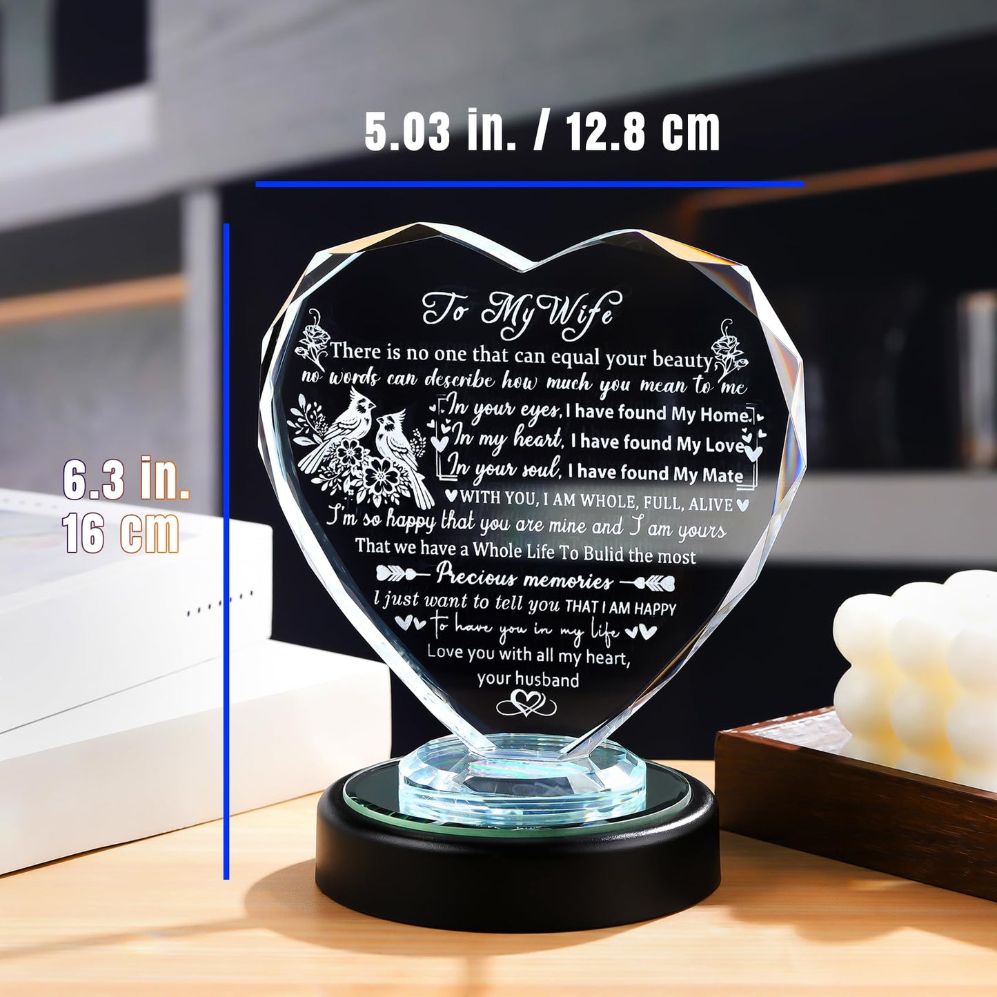 Gifts for Wife from Husband - Birthday Anniversary Romantic Presents for Her, Wife - to My Wife Glass Heart Keepsake with Colorful LED Base for Valentine's Day Mothers Day
