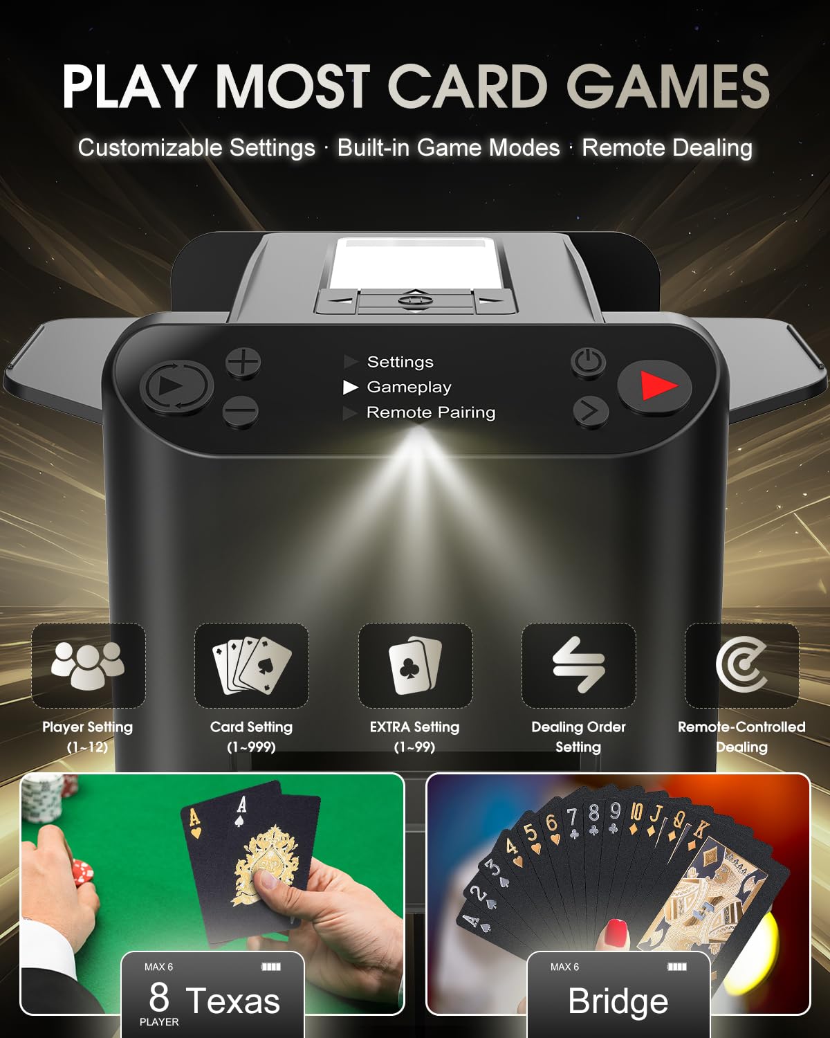 2026 3-in-1 Automatic Card Shuffler& Dealer with 4 Remotes,Carrying Case& Waterproof Premium Deck,360° Rotating Ultra-Quiet Dealing Machine for Poker Nights,Family Game Tables (Up to 12 Players)