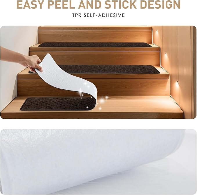 Stair Treads for Wooden Steps, 8" X 30" Non Slip Stair Runner Carpet Indoor with Reusable Adhesive Backing, Soft Tread Mat for Stairs, Ideal for Home, Polyester TPR Backing Stair Rugs-Brown 15 Pack