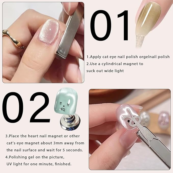 JERCLITY 3 Pieces Cat Eye Magnet for Nails Double Ended Cylindrical Nail Magnet Rectangle Magnets with 4 Y-Shaped Guide Metal Bracket + 4 Rabbit Shape Iron Plate for Heart and Rabbit Cat Eye Effect
