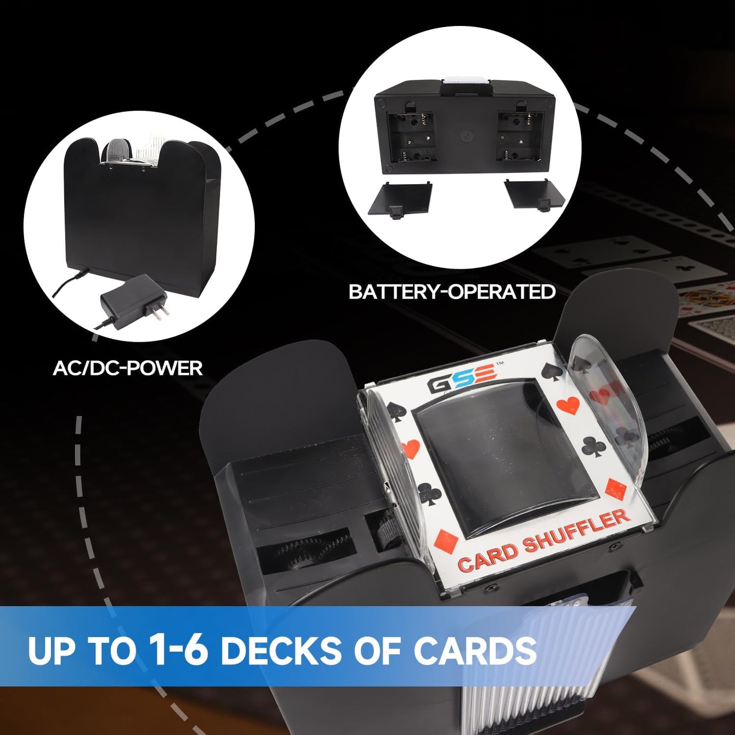 GSE Games & Sports Expert 6-Deck Automatic Card Shuffler, AC/DC-Power & Battery-Operated Shuffler Machines for Playing Cards, Blackjack, Texas Hold'em, Canasta, Bridge, UNO