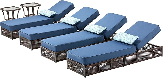 ACTREST Luxury Outdoor Chaise Lounge Chairs of 4 with 5 Inch Thick Cushions and Side Table - 6 PCS High Back Brown Wicker Patio Recliners Lounger Furniture Set for Poolside Sunbathing - Navy Blue