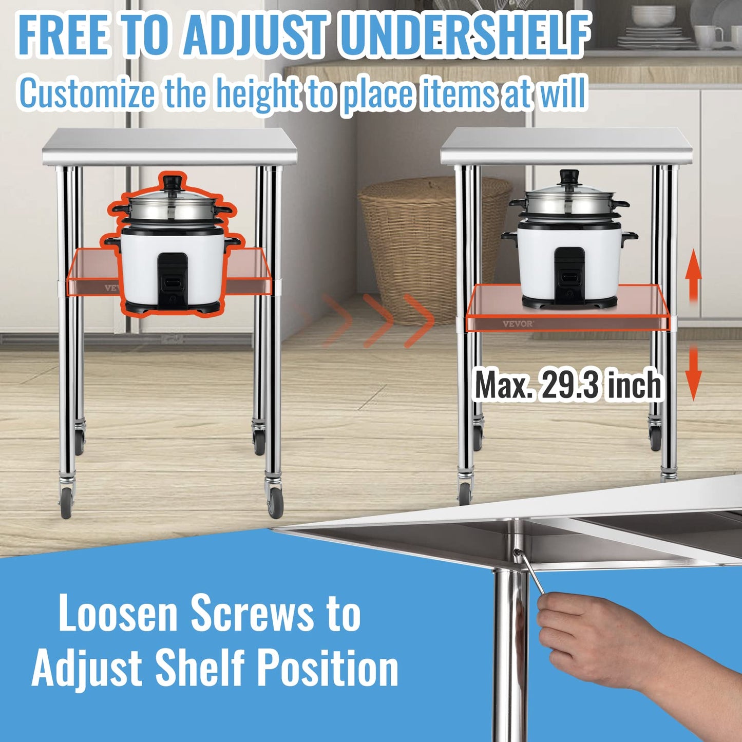 VEVOR Stainless Steel Prep Table, 24 x 24 x 33.5 Inch, 600lbs Load Capacity Heavy Duty Metal Worktable with Adjustable Undershelf & Universal Wheels, Commercial Workstation for Kitchen Garage Backyard