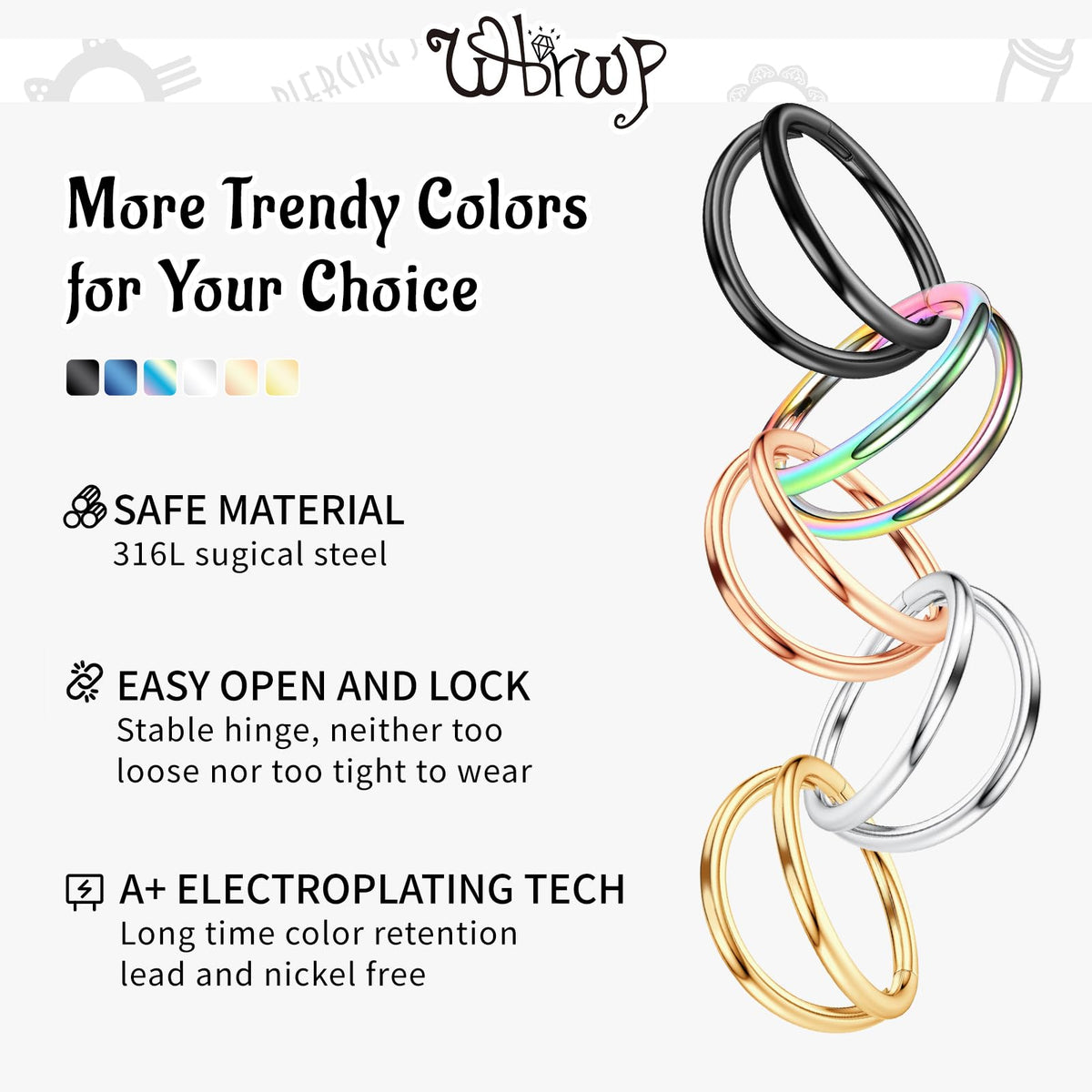 WBRWP Nose Ring Lip Rings Septum-Clicker : Double Ring Open Stacked Black Ring 18G 10mm 316L Surgical Steel Sleeper Earring Heli