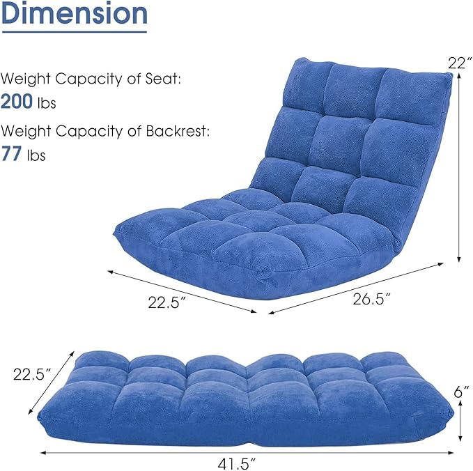MAT EXPERT 14-Position Floor Chair, Floor Gaming Chair w/Soft Coral Fleece, Alloy Steel Frame, Padded Lazy Couch Recliner, Floor Chair with Back Support for Reading, Meditating (Blue)
