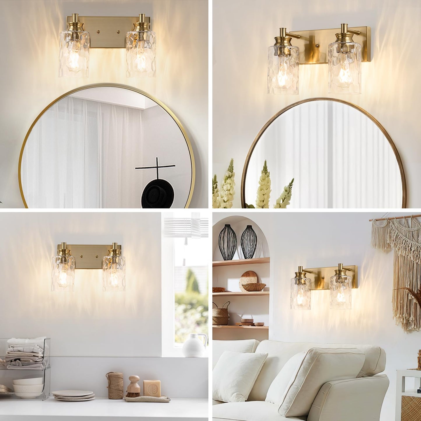 AMRUIPO 2 Light Bathroom Vanity Light Modern Brushed Gold Bathroom Light Fixtures Over Mirror with Hammered Glass Lampshade for Kitchen Hallway