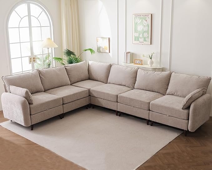 Rexulqo 135'' Modular Sectional Sofa with Storage Seat,Oversized L Shaped Couch,6 Seater Couches for Living Room,Bedroom,Velet,Khaki