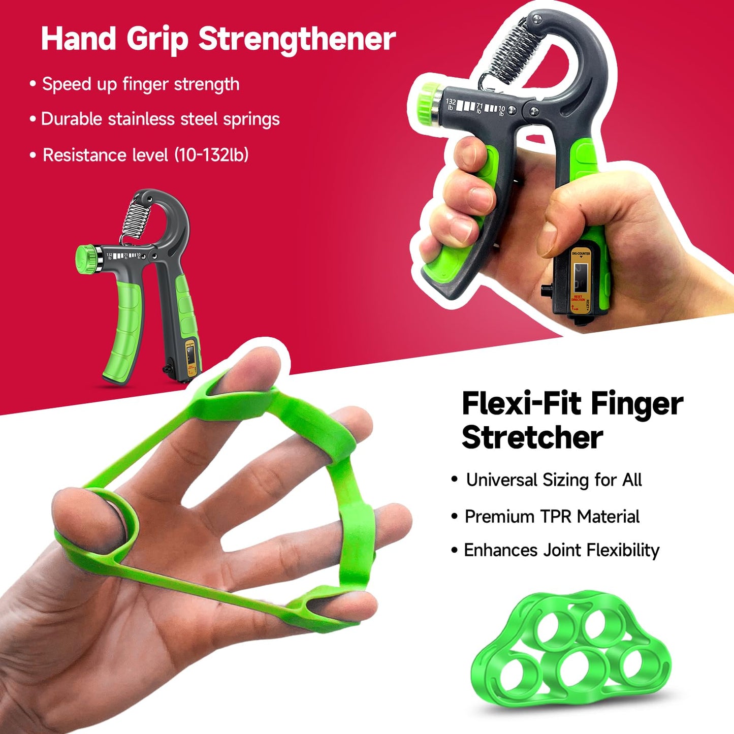 FitBeast Hand Grip Strengthener Workout Kit (5 Pack), 2 Forearm Grip Adjustable Resistance Hand Gripper, Finger Stretcher, Grip Ring & Stress Relief Grip Ball for Athletes, Light Green