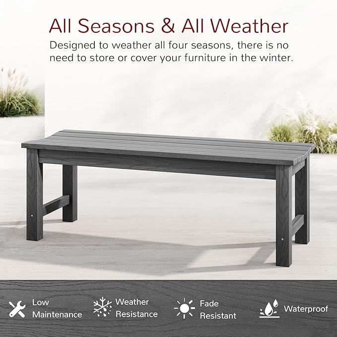 Stoog Outdoor Bench, 2-Person Outdoor Dining Bench, All-Weather HIPS Garden Bench for Patio, Backyard, Porch, and Entryway, Grey