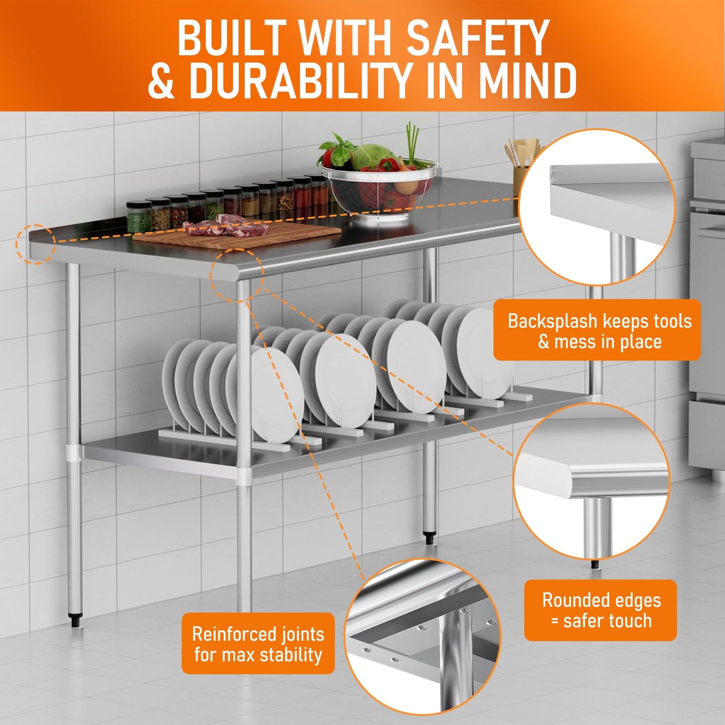 HOCCOT Stainless Steel Table 24" x 60" with Adjustable Undershelf and Backsplash, Commercial Metal Workstations for Kitchen, Garage, Outdoor BBQ