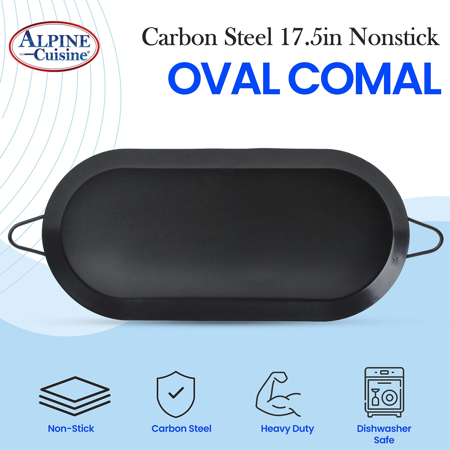 Alpine Cuisine Nonstick Oval Comal Griddle 17.5x8-Inch - Black Carbon Steel Tortilla Comal with Double Handle - Durable, Heavy Duty Comal for Cooking - Even-Heating