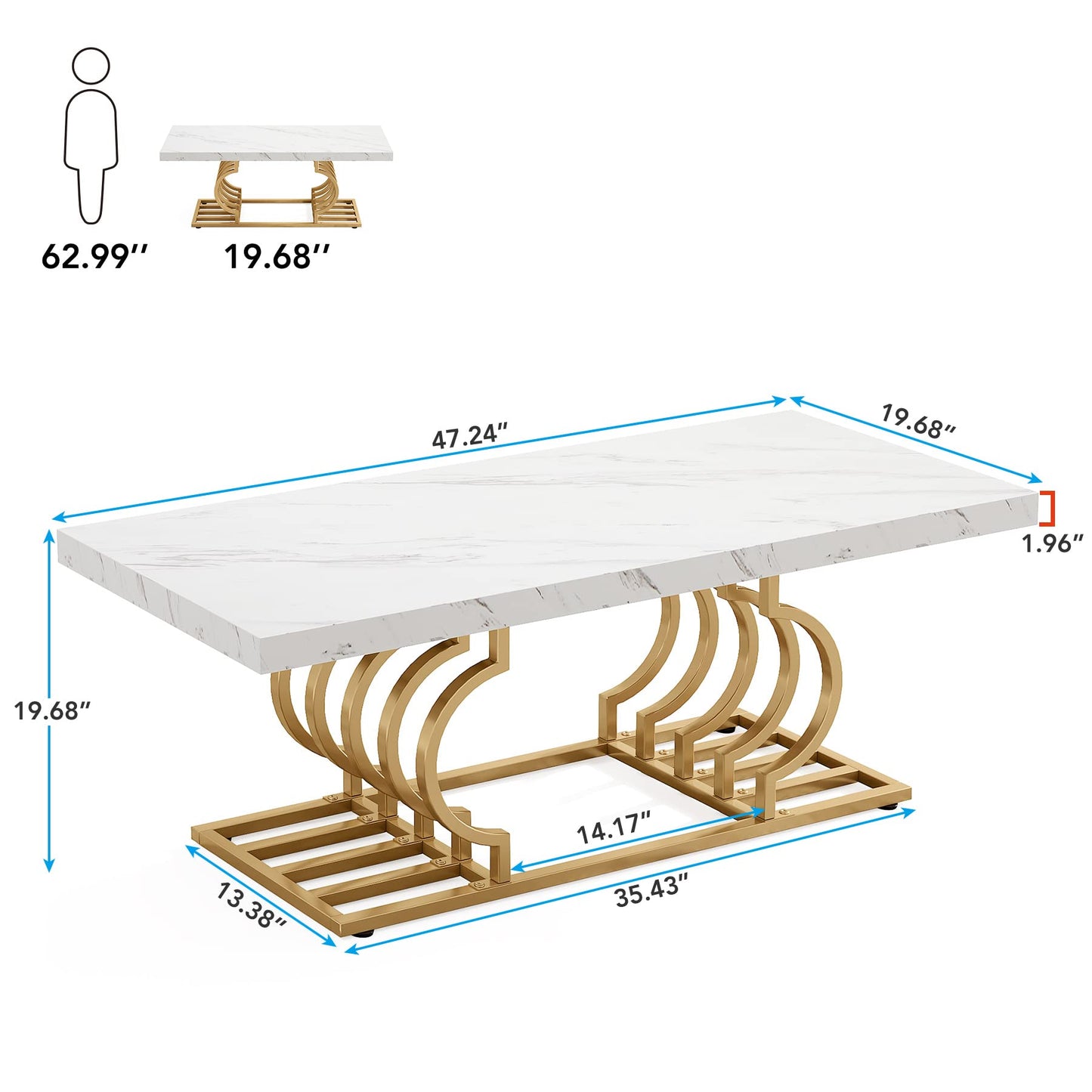 LITTLE TREE 47 Inch Modern Coffee Table, Faux Marble Cocktail Table Center Table Tea Table Accent Furniture for Living Room, White/Gold