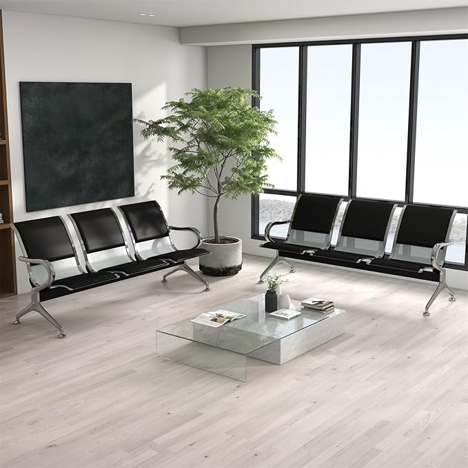 kinbor Waiting Room Chairs - Durable PU Leather Reception Bench with Armrests, 3-Seat Office Reception Guest Chairs for Office, Hospital, Airport, Bank & Lobby, Black
