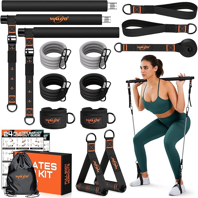 Pilates Bar Kit with Resistance Bands, 3-Section Multifunctional Yoga Pilates Bar with Metal Adjustment Buckle.Portable Pi...