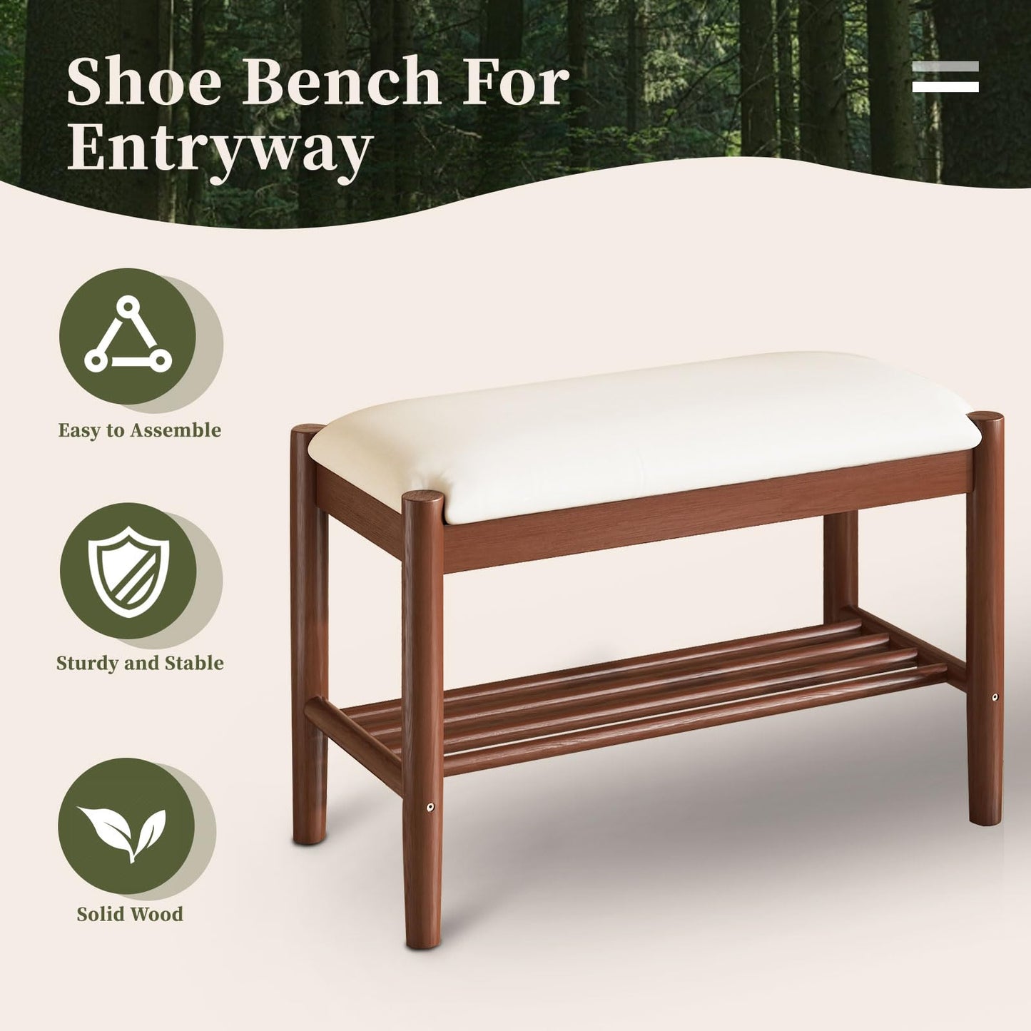 Buzleer Solid Wood Shoe Bench with Cushion, 2-Tier Shoe Rack for Front Door Entrance, Enterway Benches with Shoe Storage (Walnut, 31.5in)
