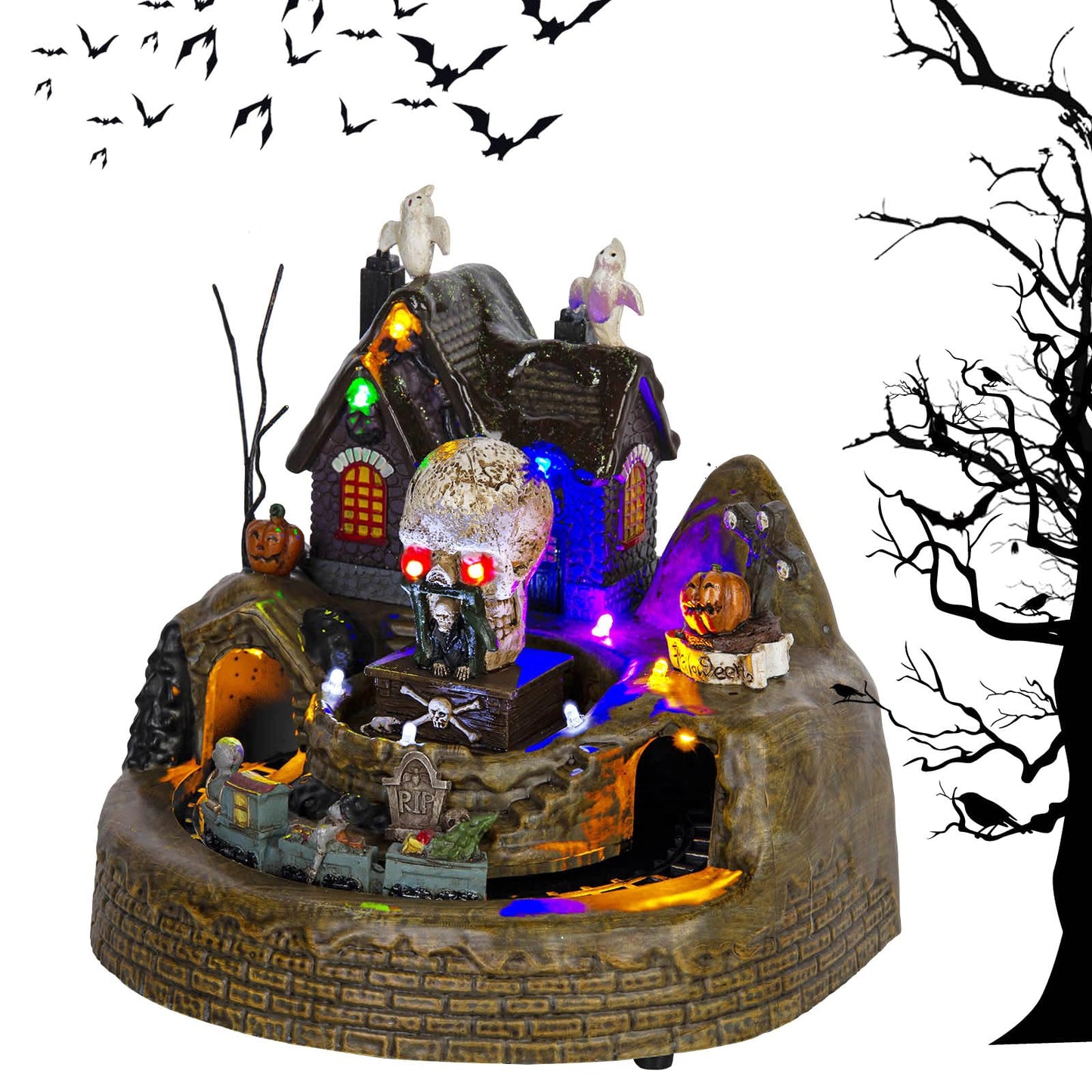 innodept12 Animated Halloween Train Village Set with Ghosts, Skeletons, Spooky House, LED Lights, 7.67 Inches, Multicolor