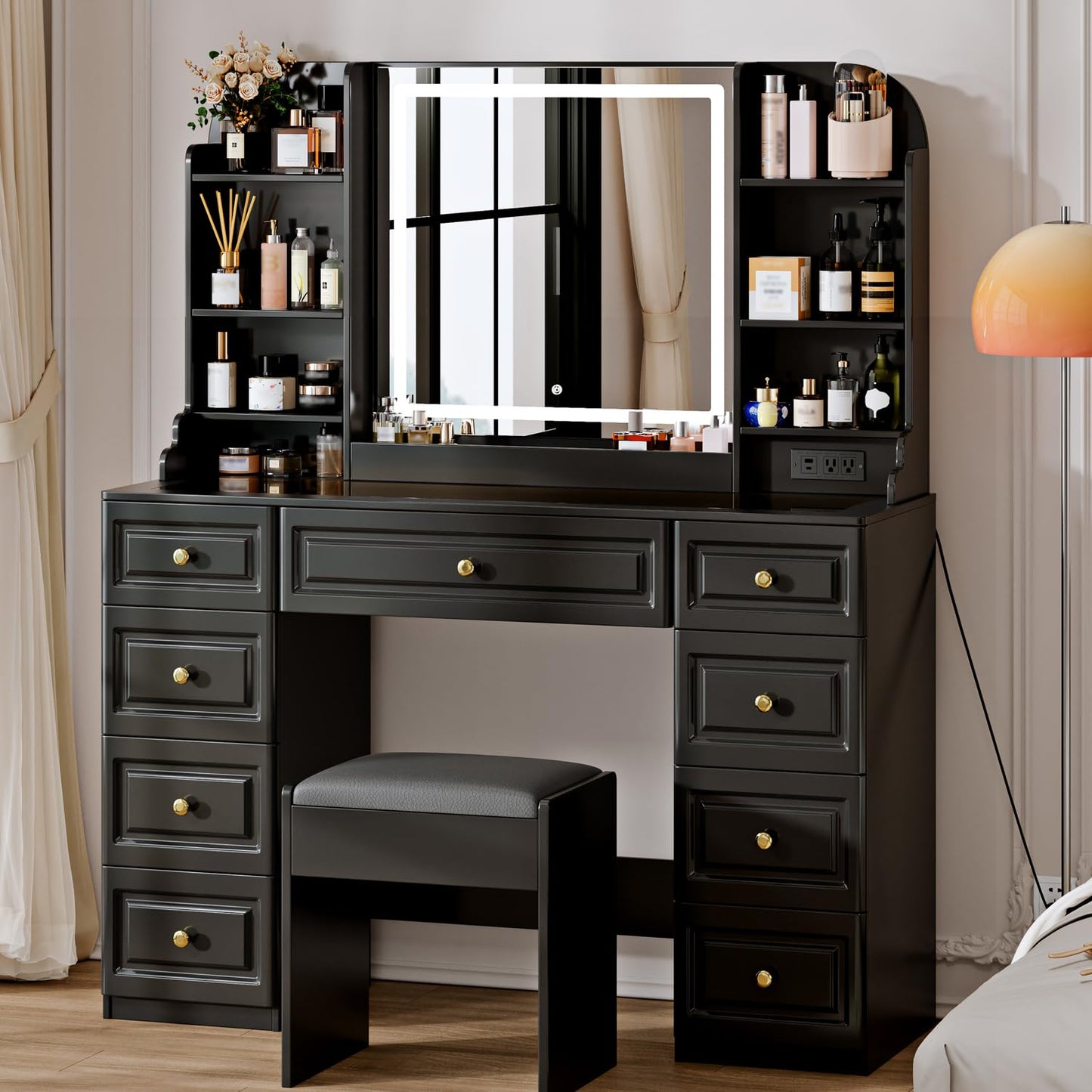 Arulvmrn 42" Makeup Vanity Desk with Mirror and Lights, & Power Outl, Glass Top Big Vanity Table with 9 Drawers& 8 Storage Shelves, Dressing Table Set with Chair for Bedroom, Black