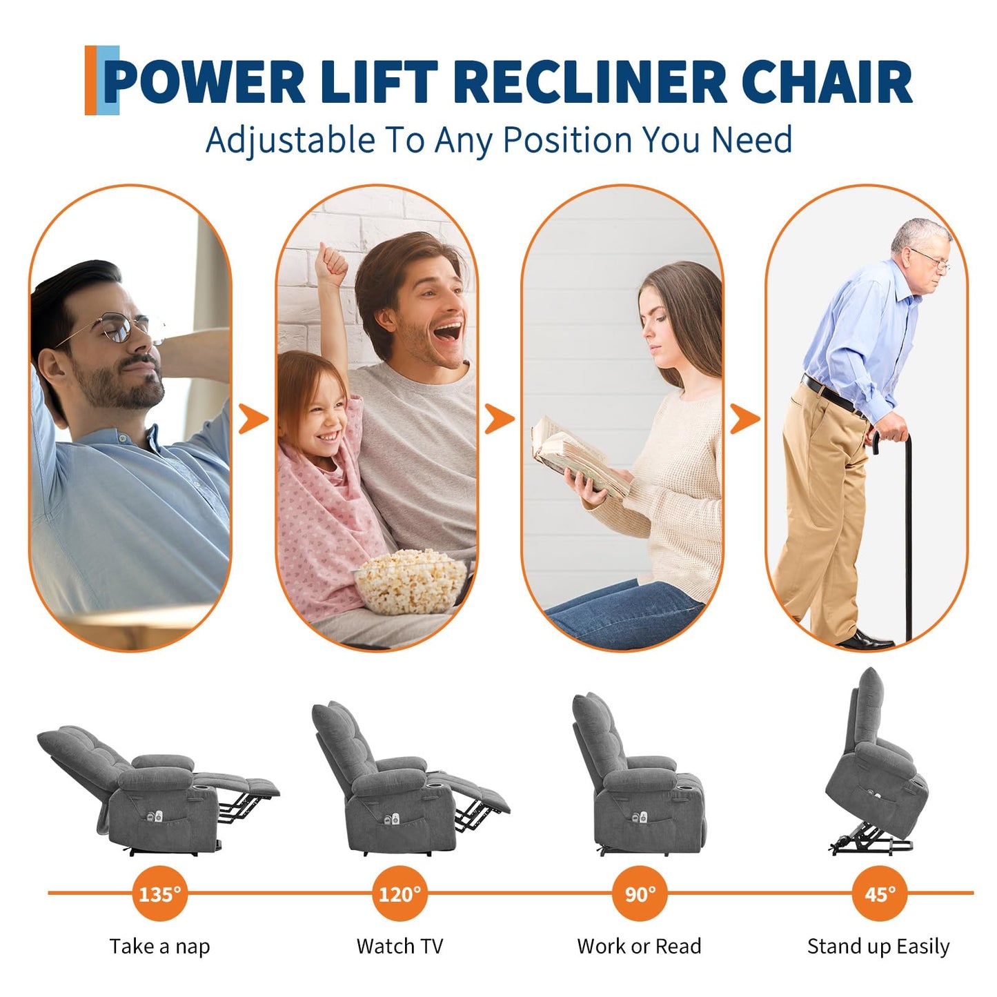 Power Lift Recliner Chair for Elderly - Electric Massage & Heat Recliner with 45° Assist Stand, Living Room Sofa for Small Space Furniture, Swivel Rocker with Cup Holders, Reclining Lounge for Adults