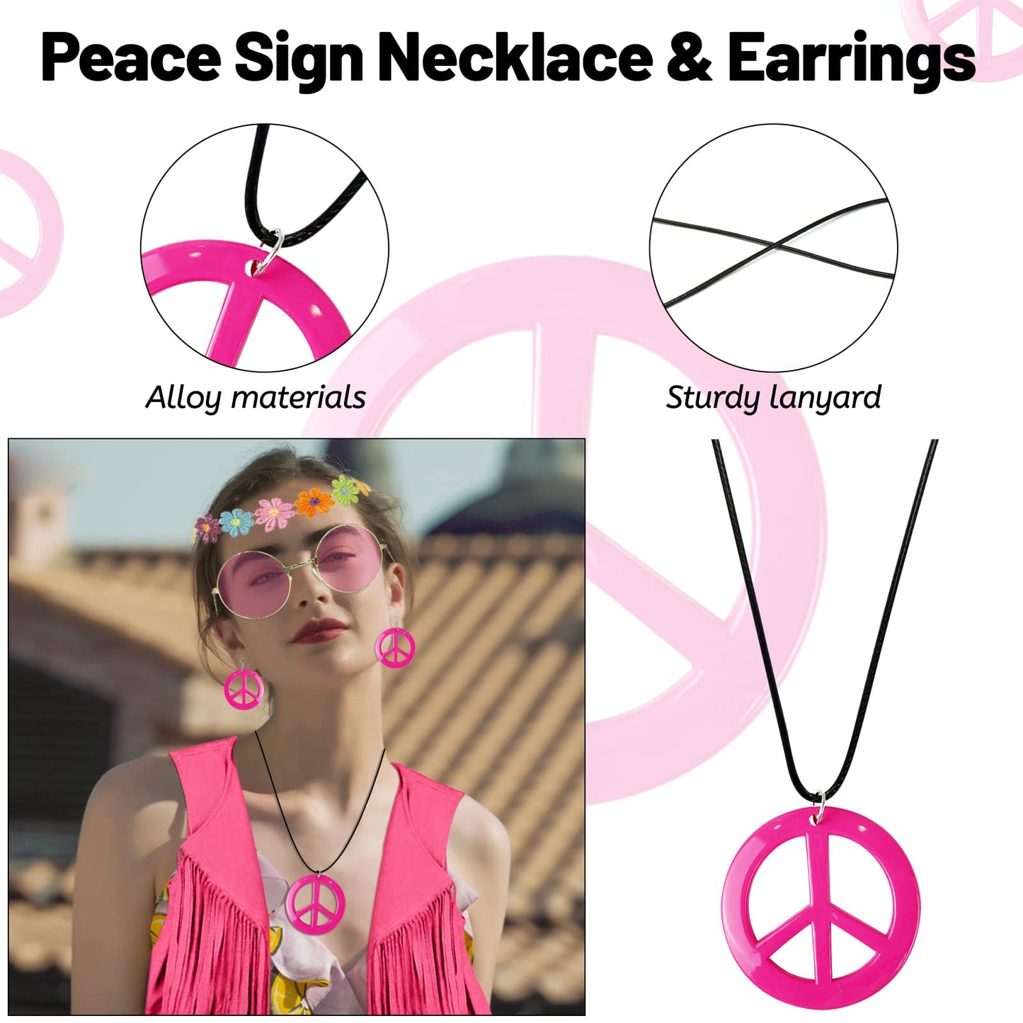 FunMular 60s 70s Outfits for Women Hippie Costume Set Peace Sign Earring Headband Fringe Vest Tassel Cardigan (Pink, M)