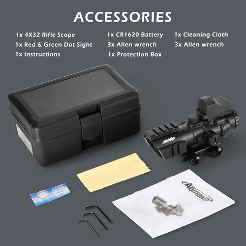 Aomekie 2-in-1 Combo Prism Rifle Scope 4X32 Compact Tactical Red & Green Dot Holographic with Adjustable Brightness