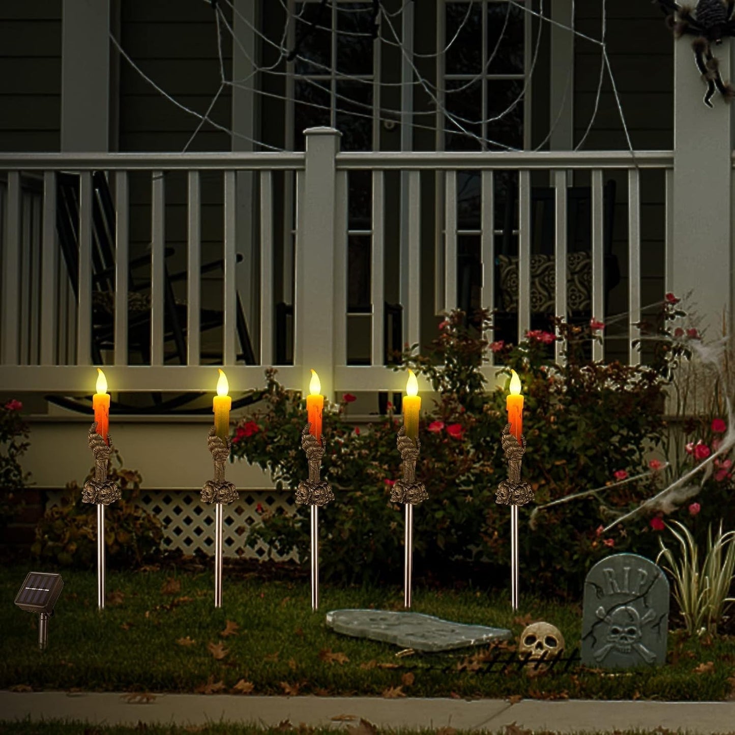 ILLUMINEW Halloween Decorations Outdoor, 5 Pack Solar Pathway Lights, LED Skull Hand Candle Holder, Outdoor Party Home Garden Porch Decor