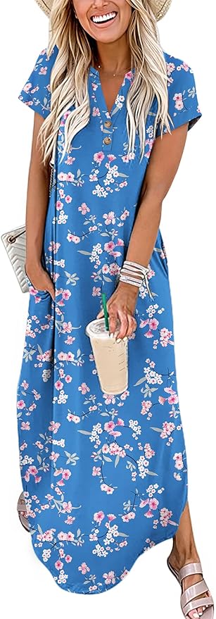 ANRABESS Women Summer Maxi Dress Casual Short Sleeve V Neck Button Up Loose Split Travel Dresses 2026 Beach Vacation Sundress