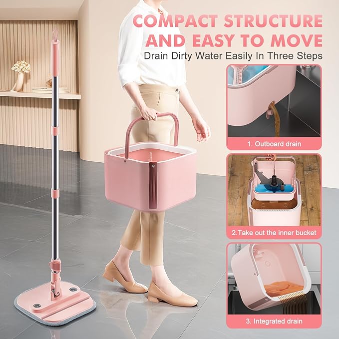 Upgraded Self-Standing Spin Mop and Bucket System, Detachable Inner Mop Bucket Separates Dirty Water & 90° Foldable Head, Triple-Scrub System, 0.9Gal Dual Drainage, for Hardwood Floors (Pink 2 Pads)