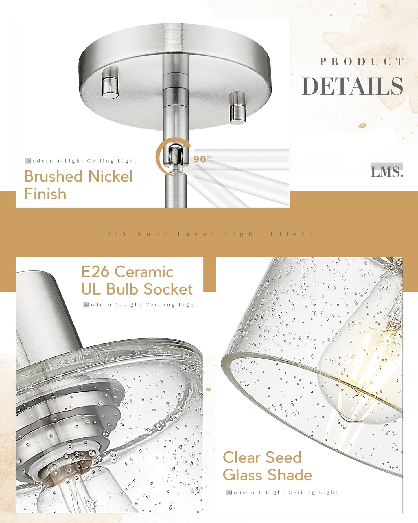 LMS Industrial Semi Flush Mount Ceiling Light, Brushed Nickel 1-Light Close to Ceiling Light with Seeded Glass Shade, Modern Ceiling Lmap for Hallway Corridor Kitchen, LMS-101BN
