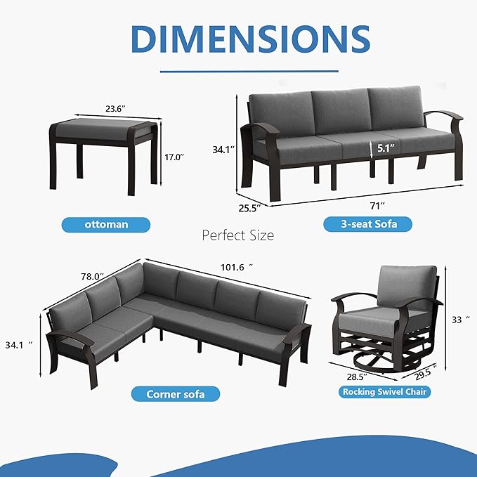 RTDTD Aluminum Outdoor Patio Furniture Set,8 Seats Patio Conversation Sets with 45" Propane Fire Pit Table,Metal Patio Sectional Furniture Set with Ottomans,Grey