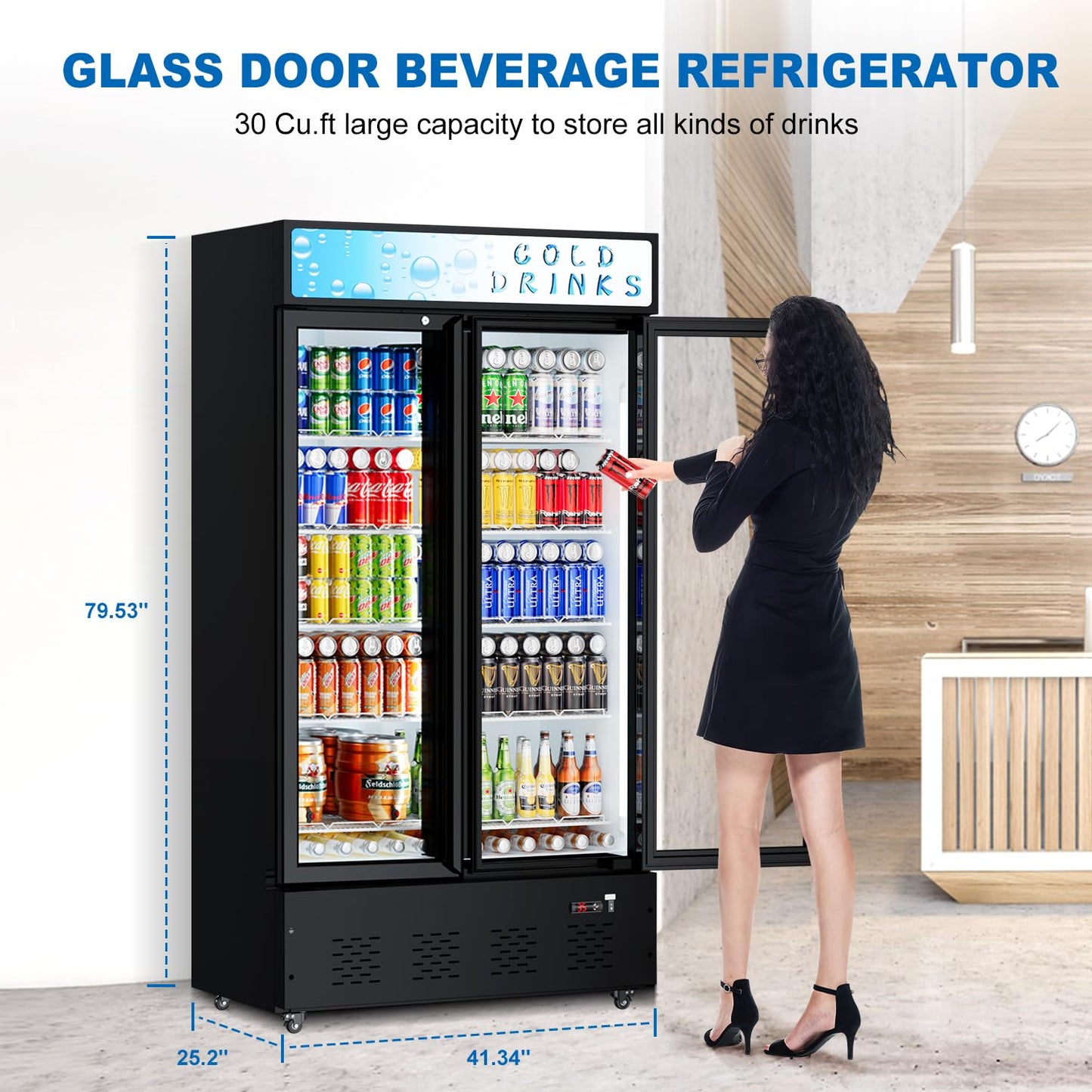 ECEVT 30 Cu.ft. Commercial Beverage Refrigerators Glass Door Refrigerator Upright Display Cooler with Soft LED Light and Adjustable Shelves for Restaurant Grocery Stores Home