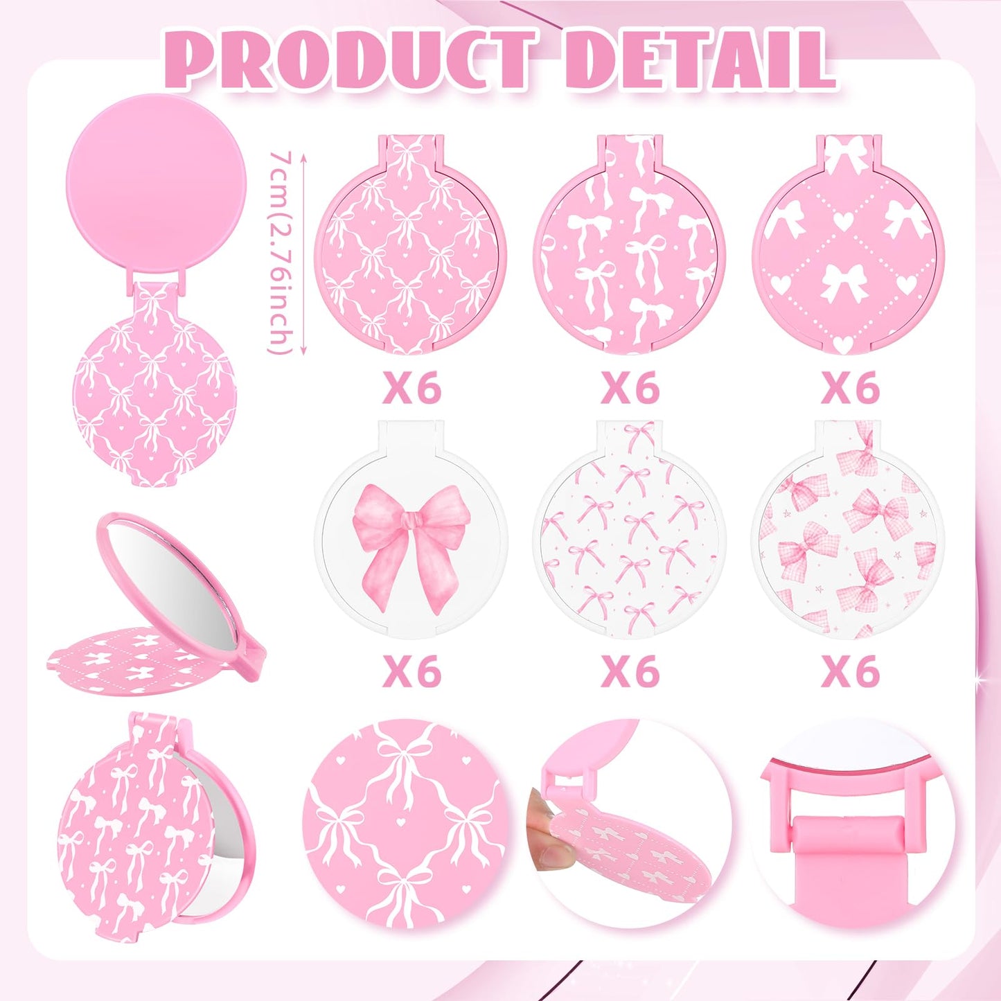 Namalu 36 Pcs Pink Bow Coquette Mini Compact Mirrors Party Gifts Bulk for Women Portable Round Pocket Makeup Mirror Gift for Qui