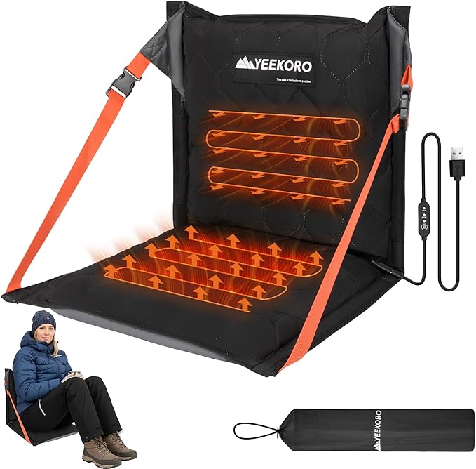 YEEKORO Inflatable Heated Stadium Seats, Portable Bleacher Seat with Back Support, Foldable and Lightweight Stadium Chair for Sporting Events Camping Games Sports, Seat Cushion with 3 Levels of Heat